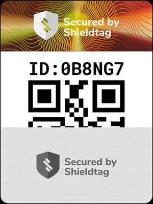 Anatomi stiker hologram Shieldtag: efek hologram, logo brand, ID unik, kode QR unik, scratch layer, dan PIN unik