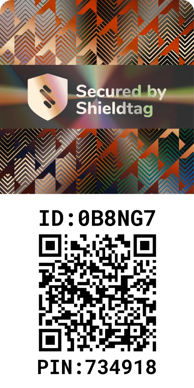 Stiker hologram Shieldtag dengan ID, kode QR, dan PIN unik